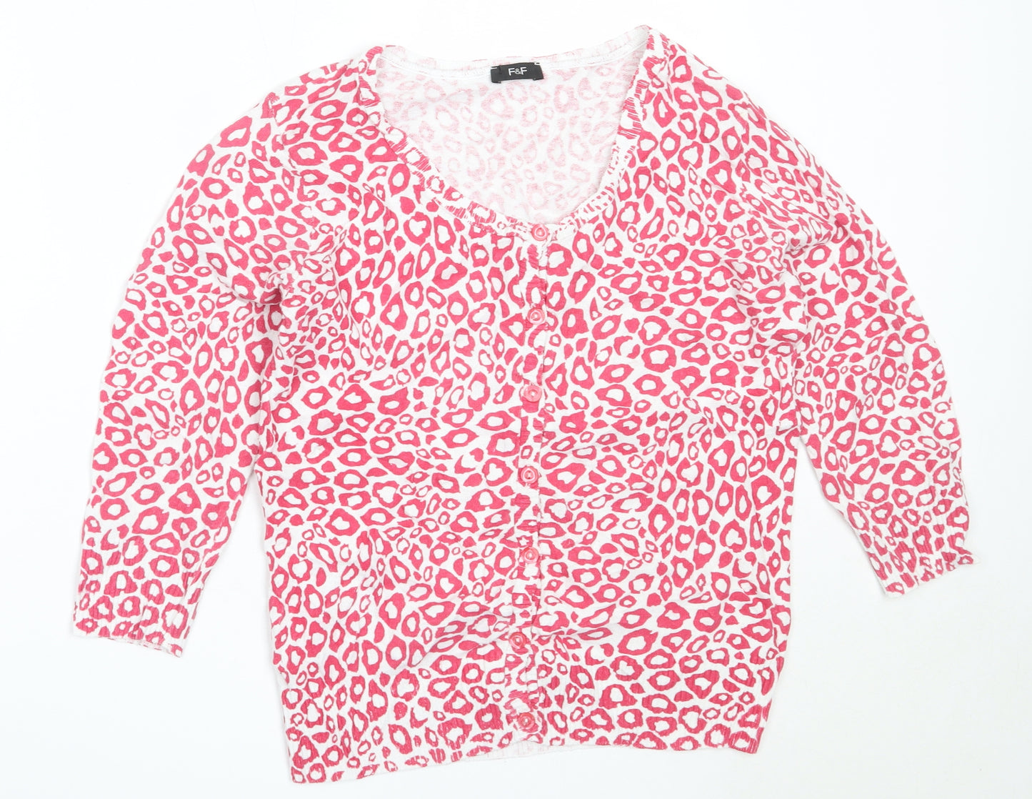 F&F Womens Pink Round Neck Animal Print Cotton Cardigan Jumper Size 14