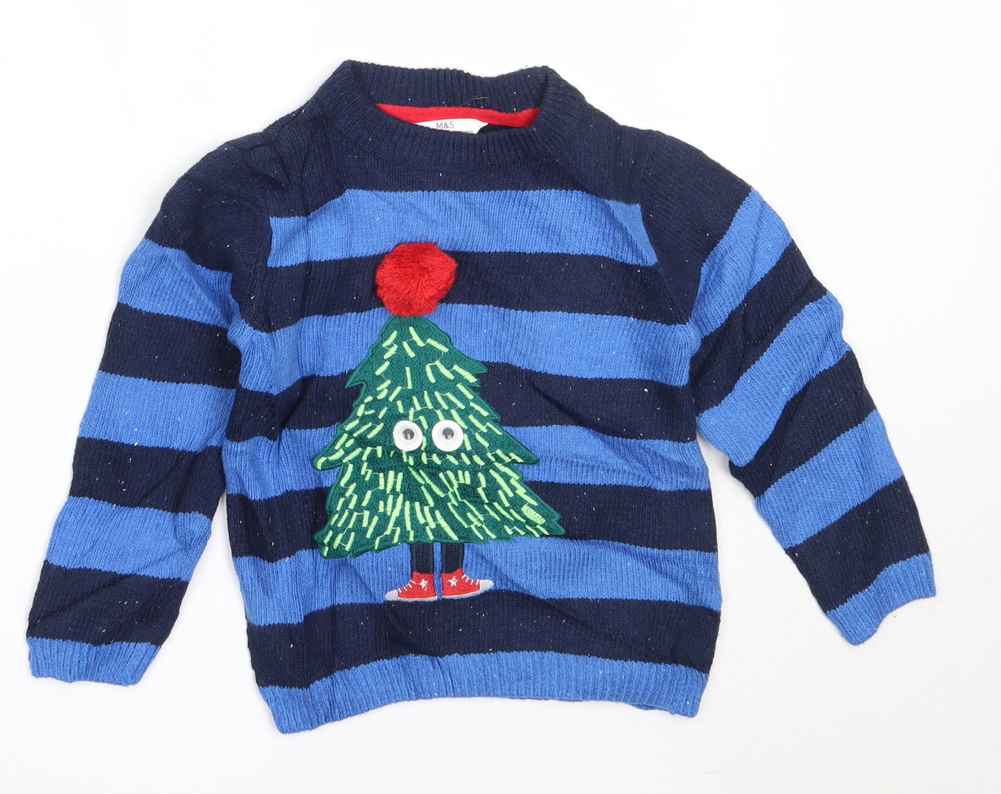 Marks and Spencer Boys Blue Round Neck Striped Cotton Pullover Jumper Size 4-5 Years   - christmas