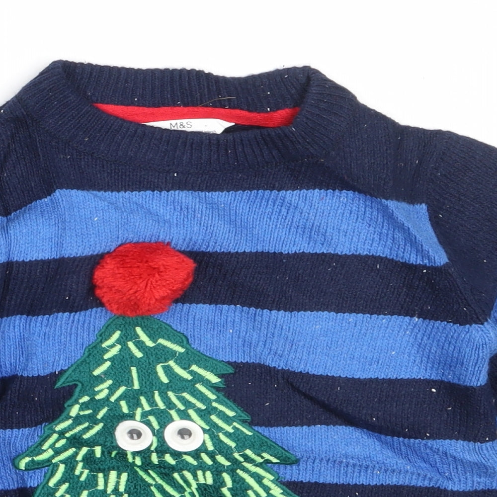 Marks and Spencer Boys Blue Round Neck Striped Cotton Pullover Jumper Size 4-5 Years   - christmas