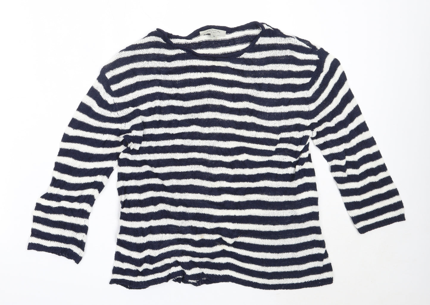 Comma Womens Blue Round Neck Striped Cotton Pullover Jumper Size 36