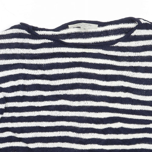 Comma Womens Blue Round Neck Striped Cotton Pullover Jumper Size 36