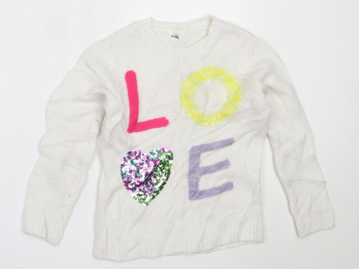 M&Co Girls White Round Neck Polyester Pullover Jumper Size 7-8 Years