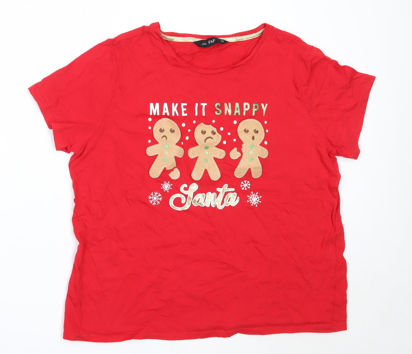 F&F Womens Red  Cotton Basic T-Shirt Size 16 Round Neck - christmas