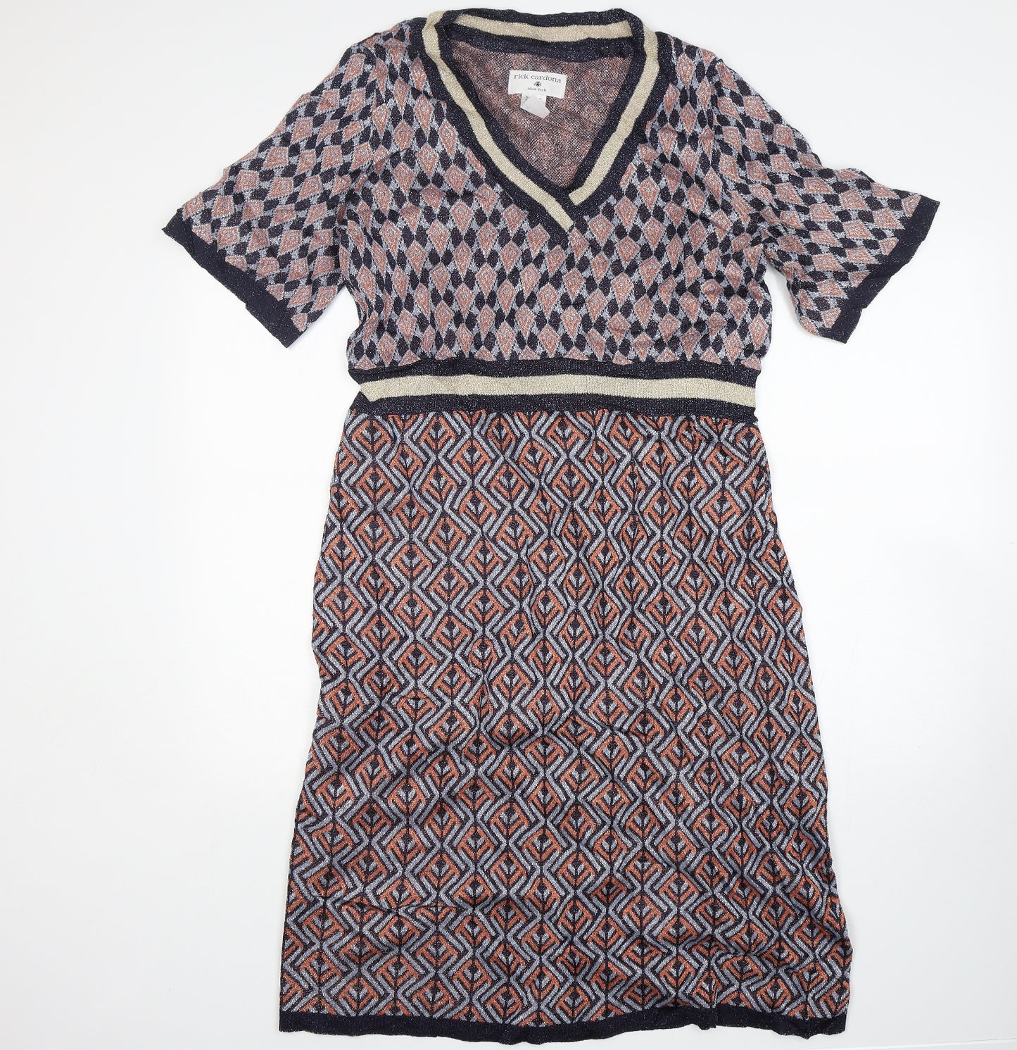 Rick Cardona  Womens Multicoloured Argyle/Diamond Viscose Jumper Dress  Size 18  V-Neck