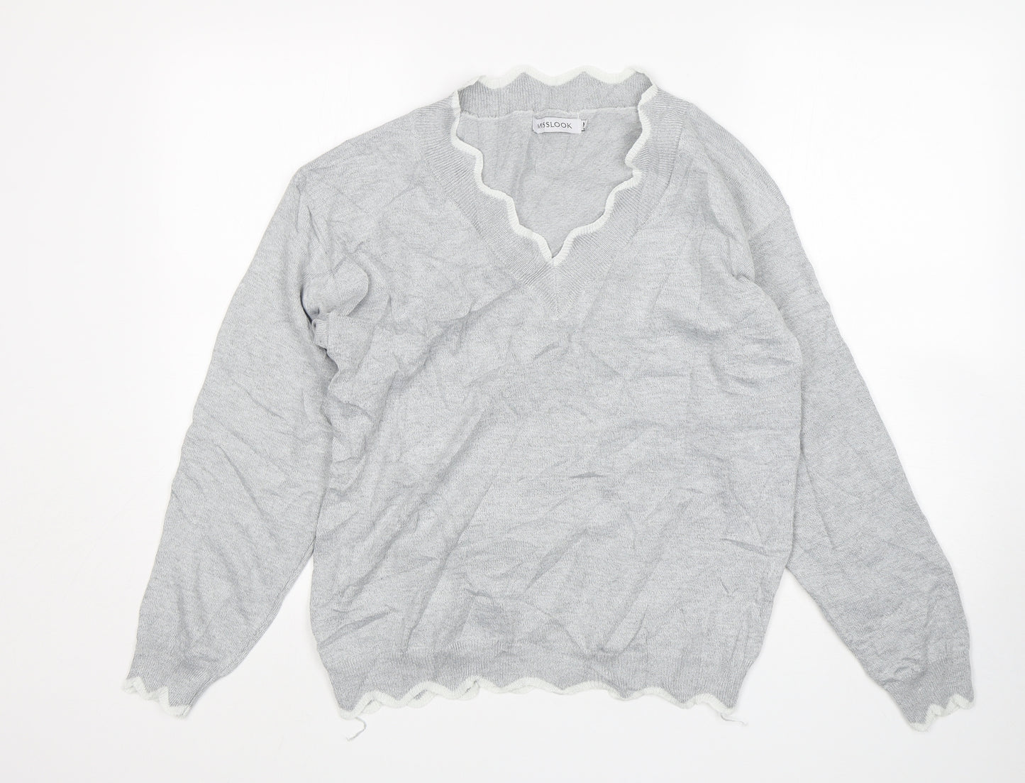 MissLook Womens Grey V-Neck  Cotton Pullover Jumper Size M