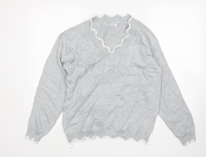 MissLook Womens Grey V-Neck  Cotton Pullover Jumper Size M
