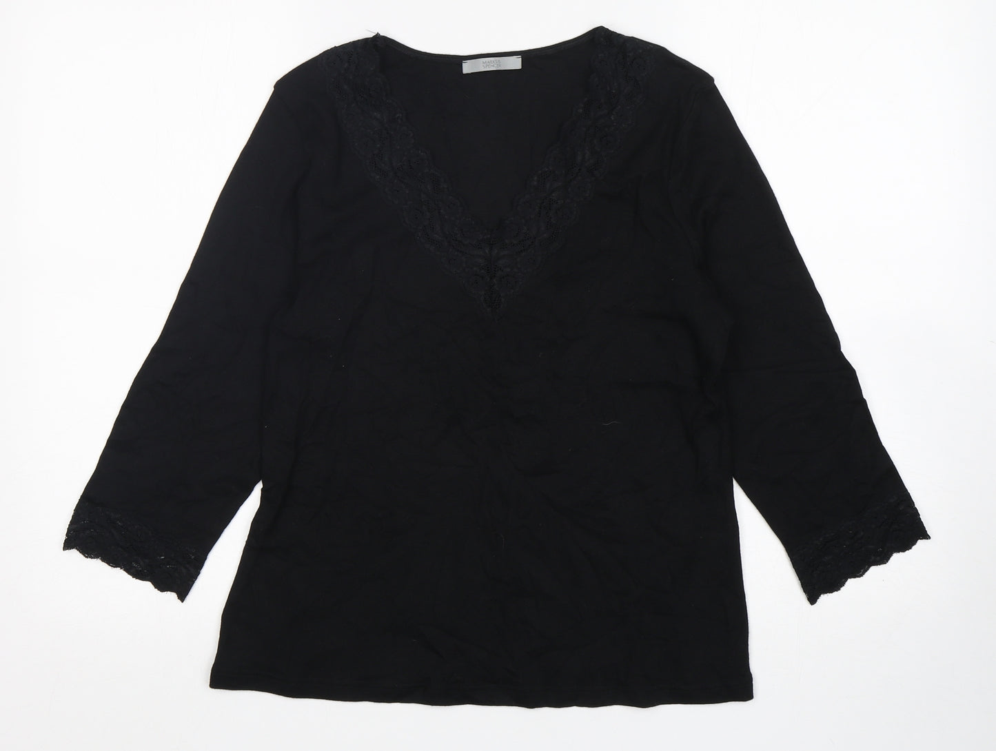M&S Womens Black  Cotton Basic T-Shirt Size 16 V-Neck