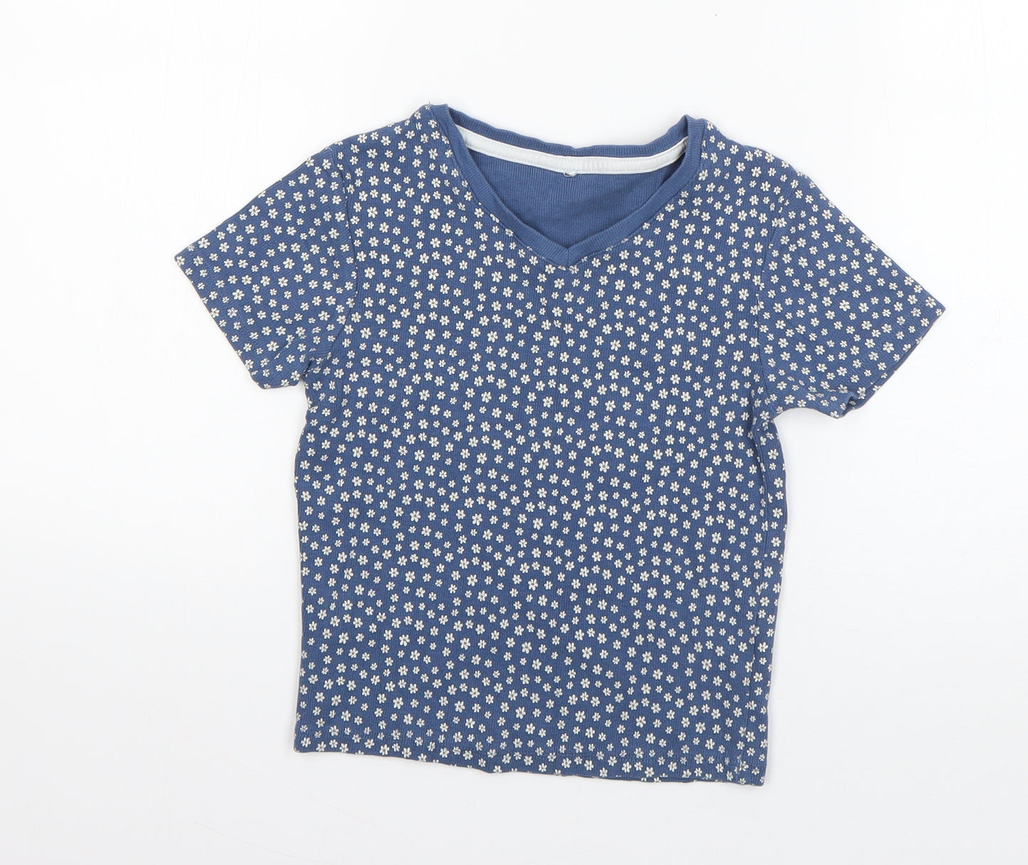 George Girls Blue Floral Cotton Basic T-Shirt Size 10-11 Years V-Neck Pullover
