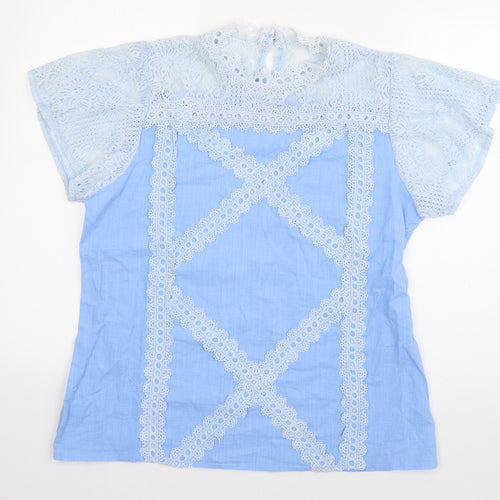 Preworn Womens Blue  Cotton Basic Blouse Size XL Round Neck - crochet detail