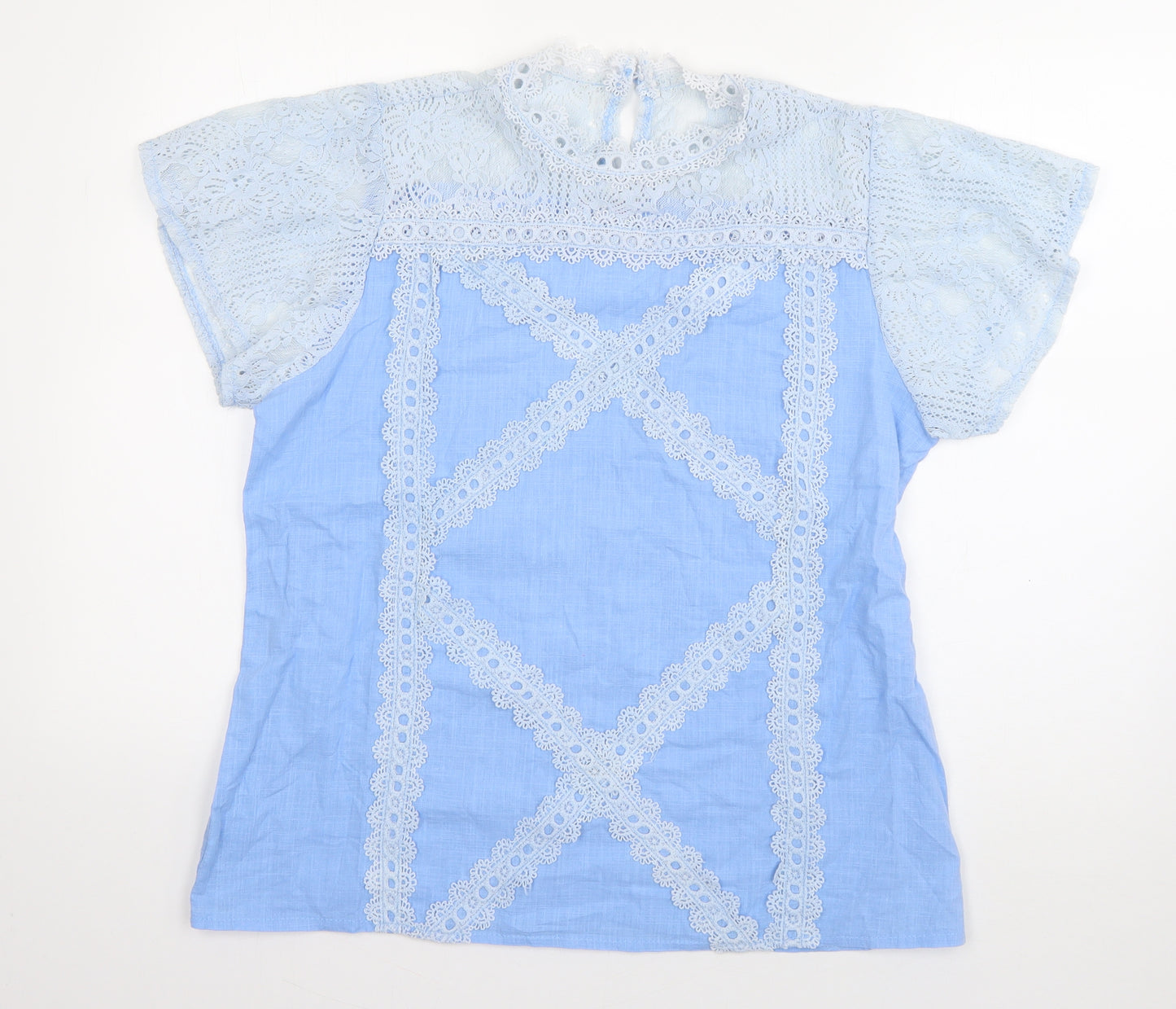 Preworn Womens Blue  Cotton Basic Blouse Size XL Round Neck - crochet detail
