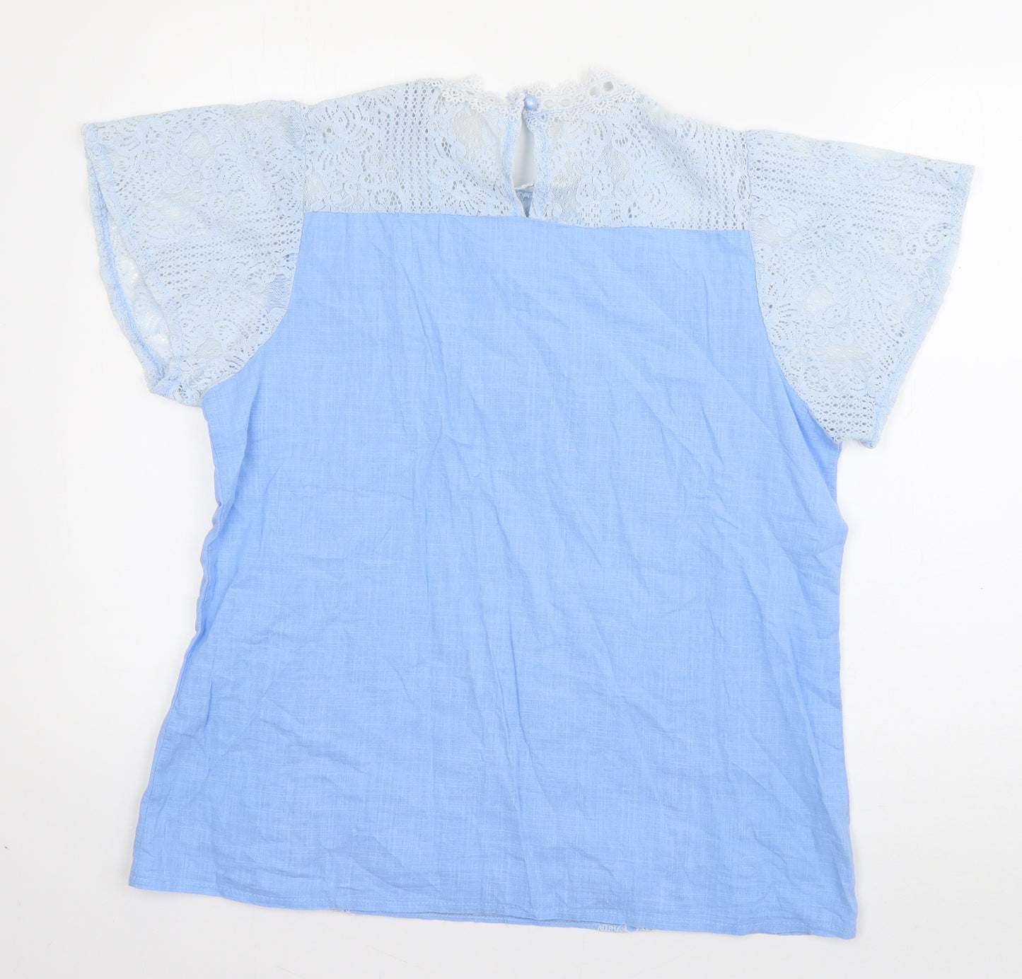 Preworn Womens Blue  Cotton Basic Blouse Size XL Round Neck - crochet detail