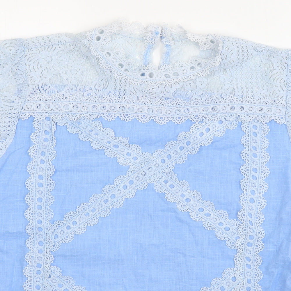 Preworn Womens Blue  Cotton Basic Blouse Size XL Round Neck - crochet detail