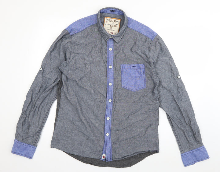 Soul Star Mens Grey Cotton Button-Up Size L Collared Button