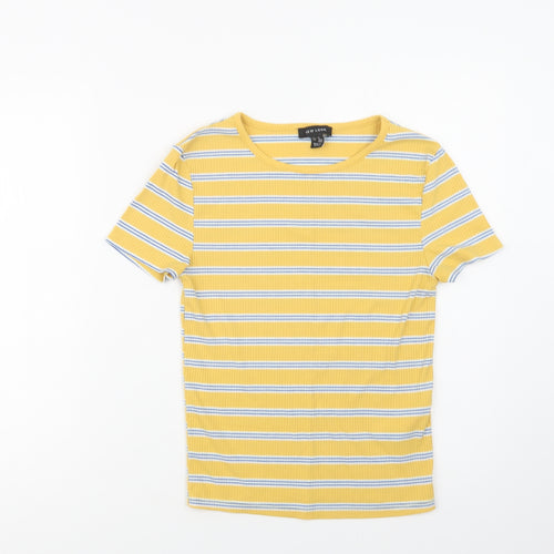 New Look Womens Yellow Striped Polyester Basic Blouse Size 10 Crew Neck