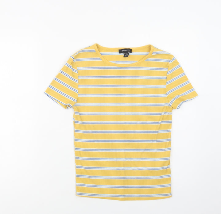 New Look Womens Yellow Striped Polyester Basic Blouse Size 10 Crew Neck