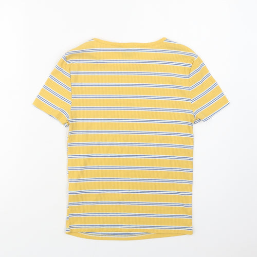 New Look Womens Yellow Striped Polyester Basic Blouse Size 10 Crew Neck