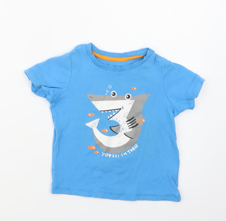 George Girls Blue Cotton Basic T-Shirt Size 3-4 Years Crew Neck - Shark