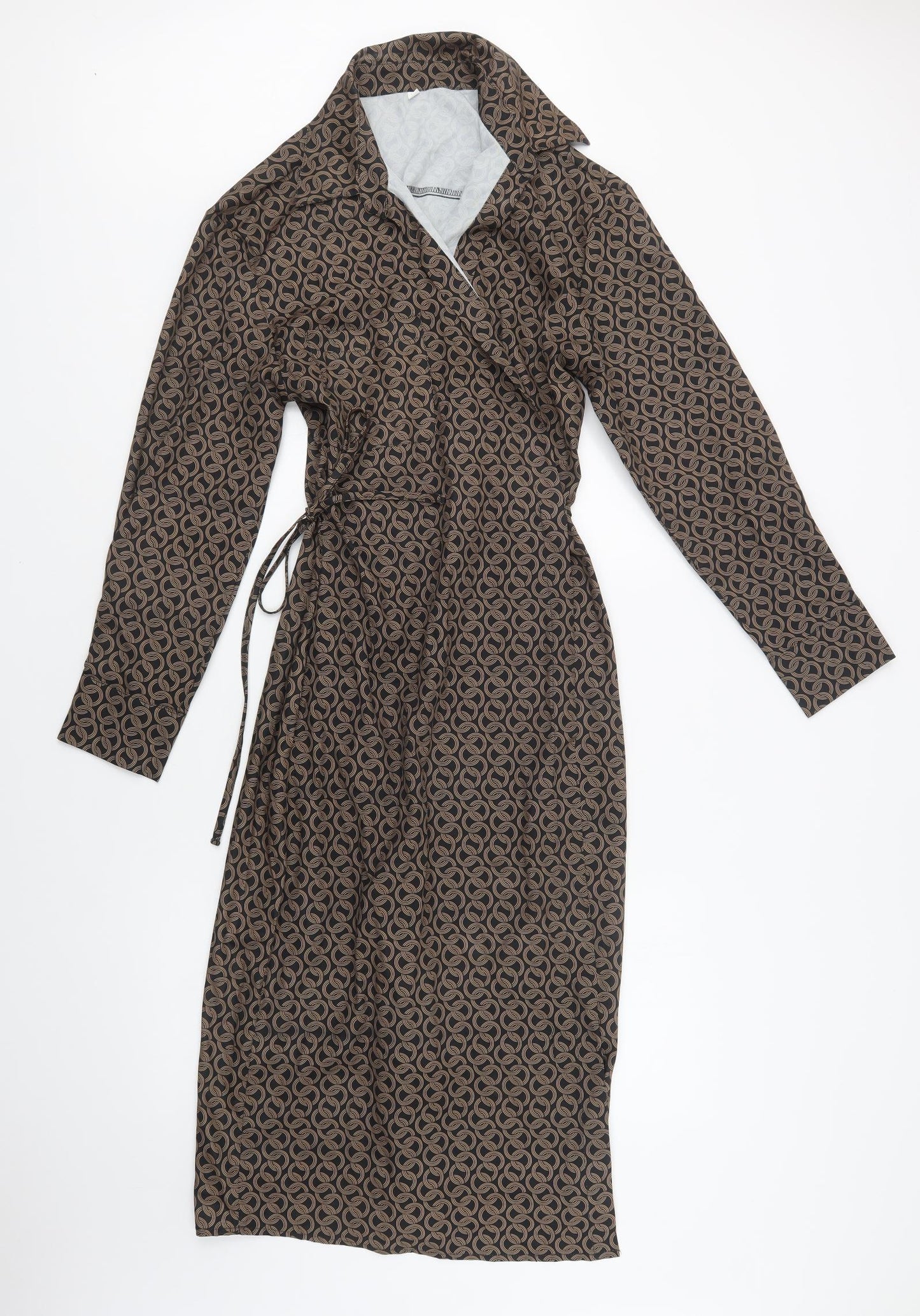 SheIn Womens Black Geometric Polyester Wrap Dress  Size L  Collared Tie