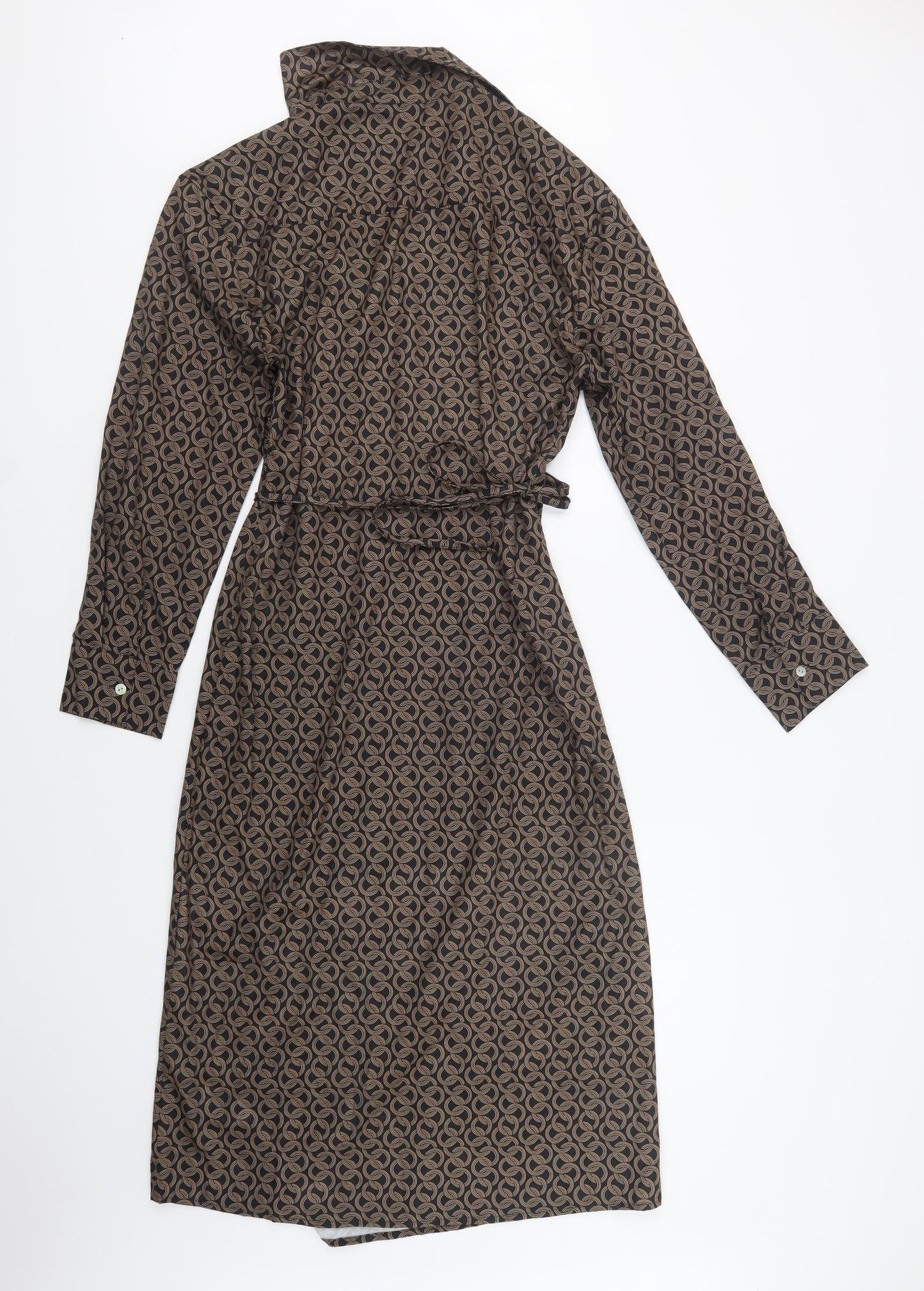 SheIn Womens Black Geometric Polyester Wrap Dress  Size L  Collared Tie