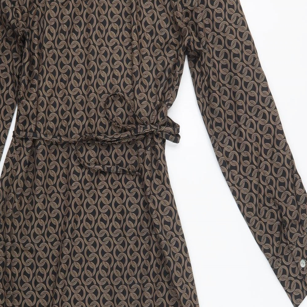 SheIn Womens Black Geometric Polyester Wrap Dress  Size L  Collared Tie