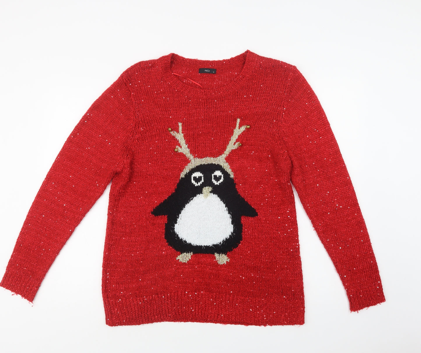 M&Co Womens Red Crew Neck  Acrylic Pullover Jumper Size 16   - Christmas Jumper