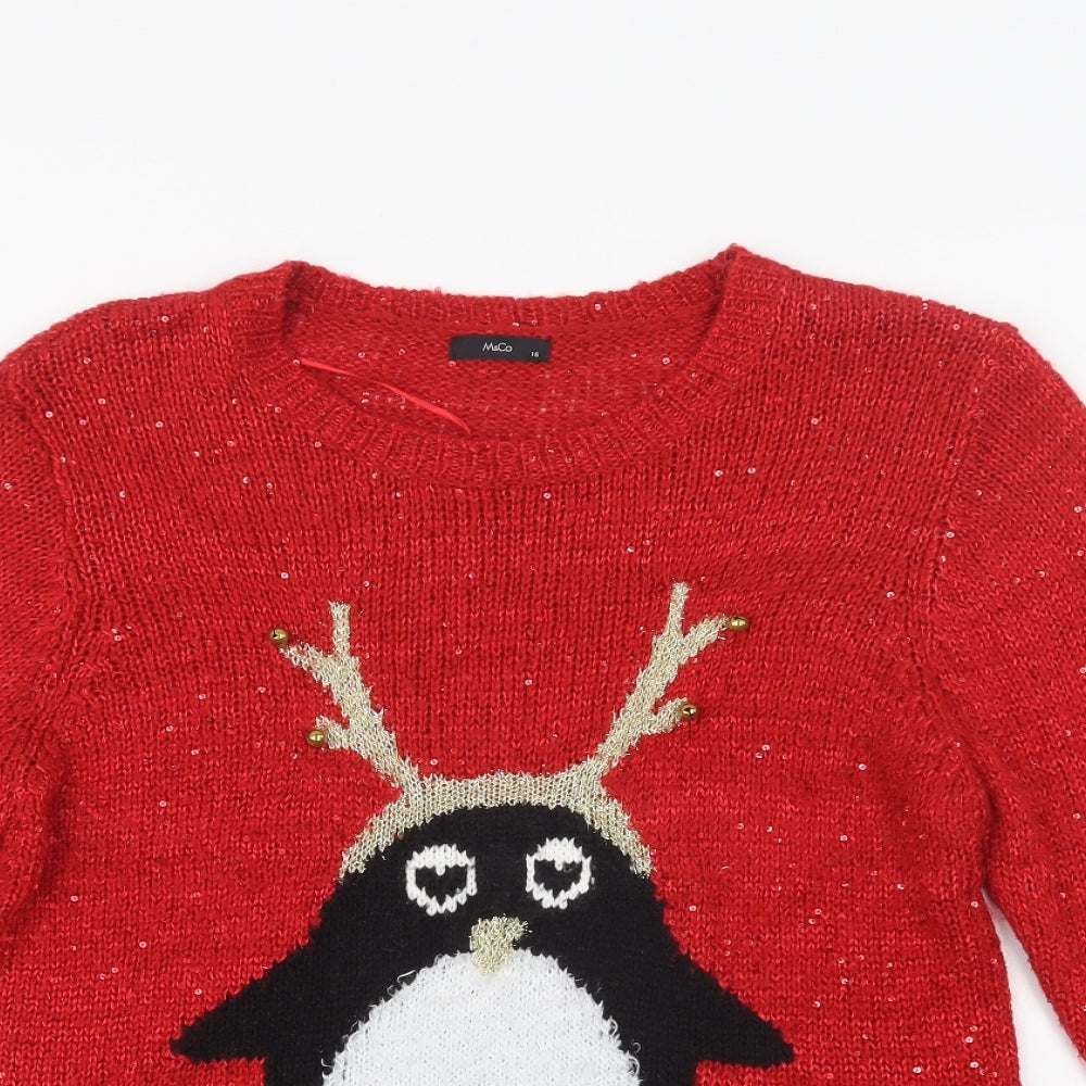 M&Co Womens Red Crew Neck  Acrylic Pullover Jumper Size 16   - Christmas Jumper