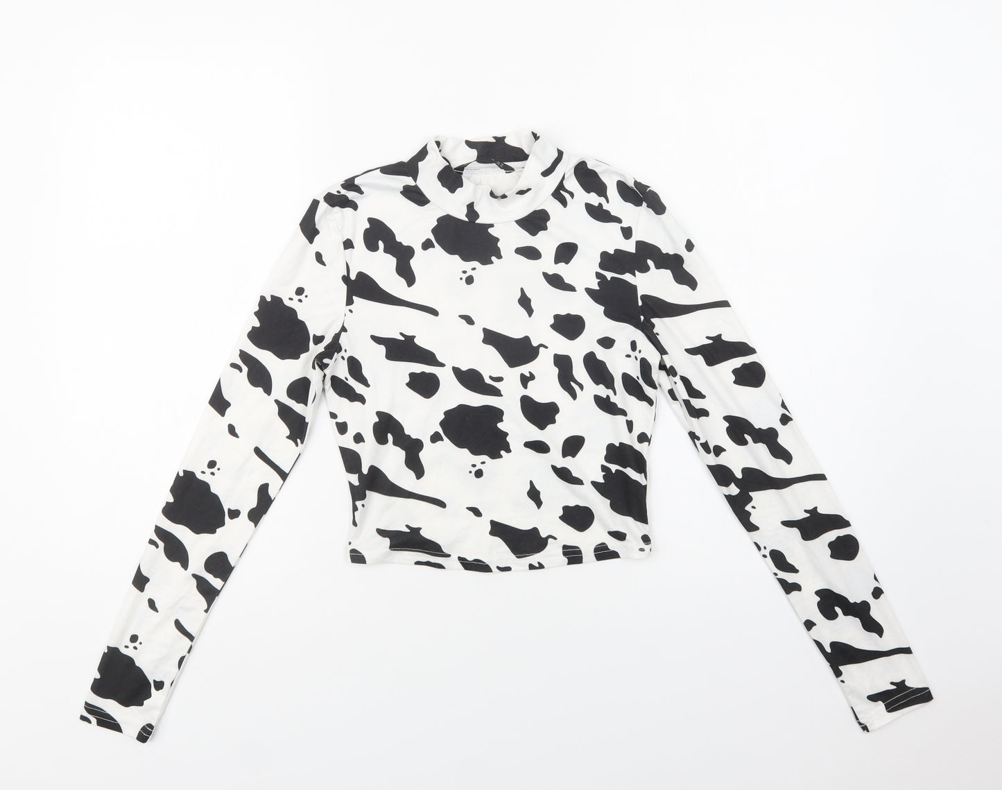 SheIn Womens White Animal Print Polyester Cropped Blouse Size XS Mock Neck