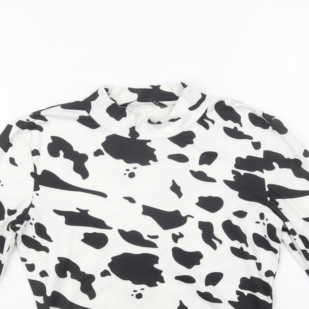 SheIn Womens White Animal Print Polyester Cropped Blouse Size XS Mock Neck