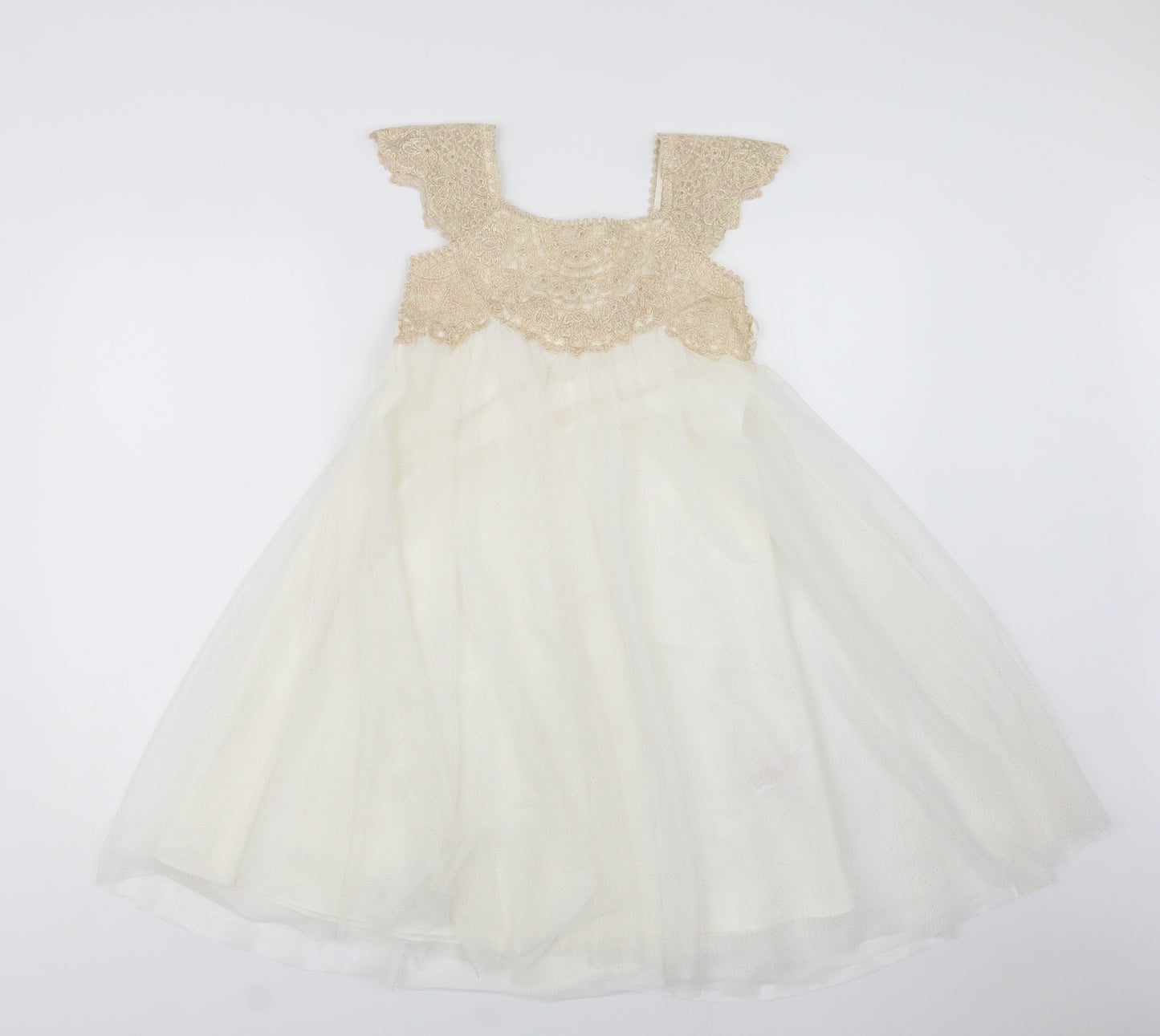 Monsoon Girls White Polka Dot Polyester A-Line  Size 7-8 Years  Square Neck