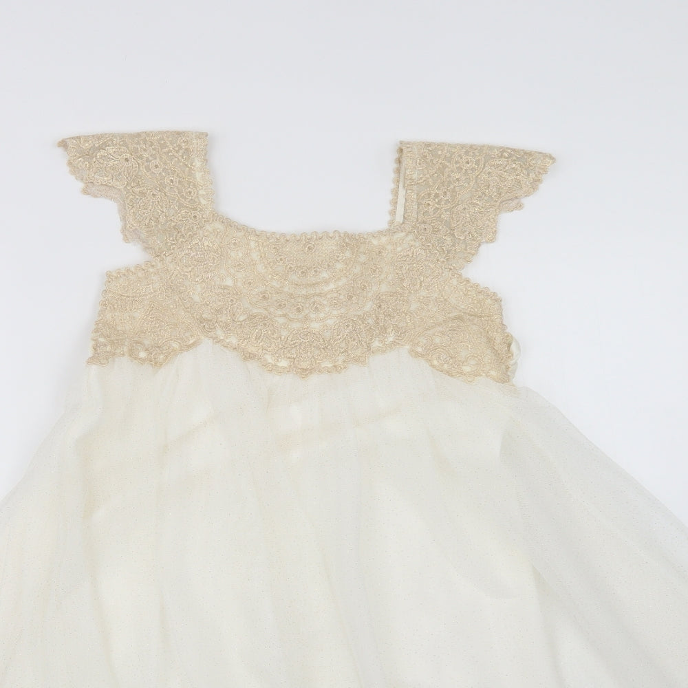 Monsoon Girls White Polka Dot Polyester A-Line  Size 7-8 Years  Square Neck