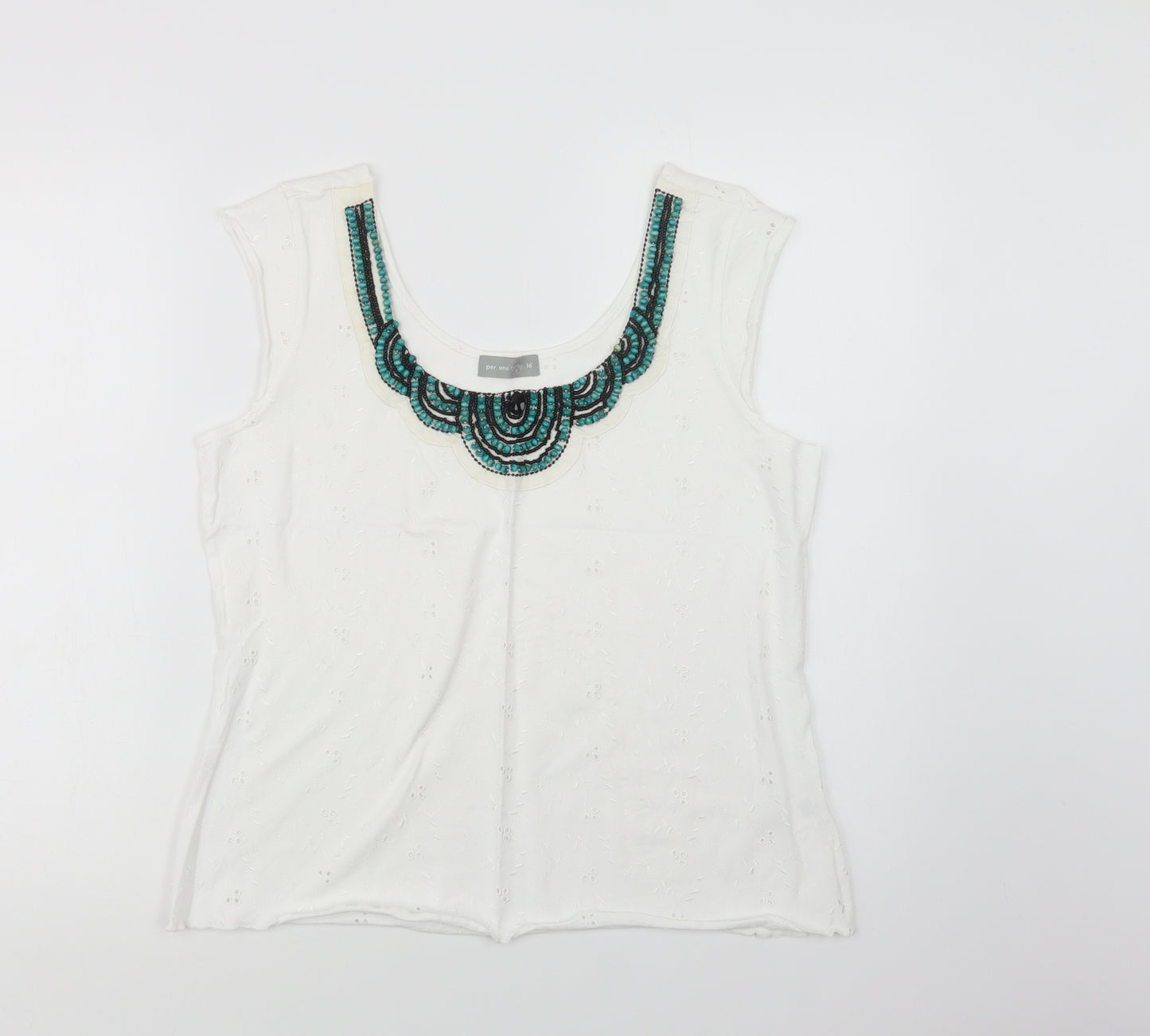 Oer Una Womens White  Cotton Basic Blouse Size 16 Scoop Neck - Embellished Neckline