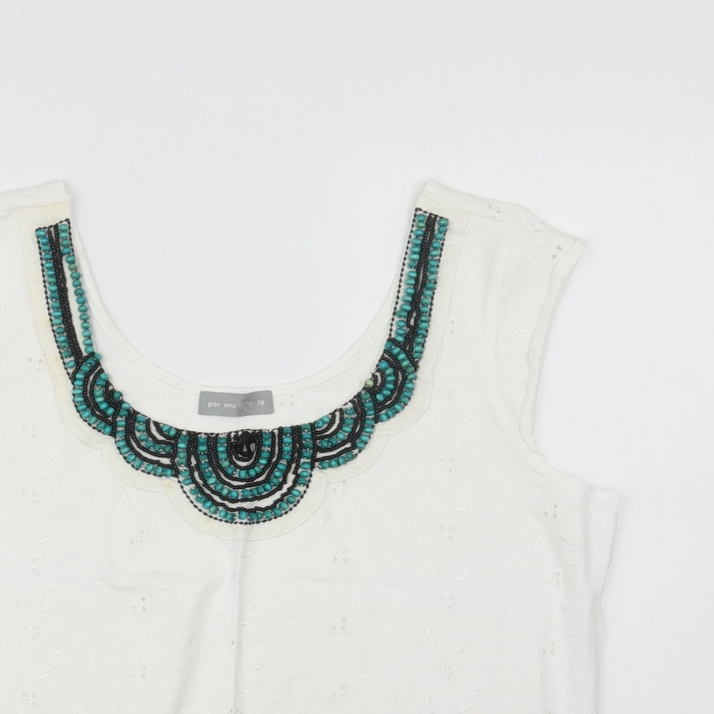Oer Una Womens White  Cotton Basic Blouse Size 16 Scoop Neck - Embellished Neckline