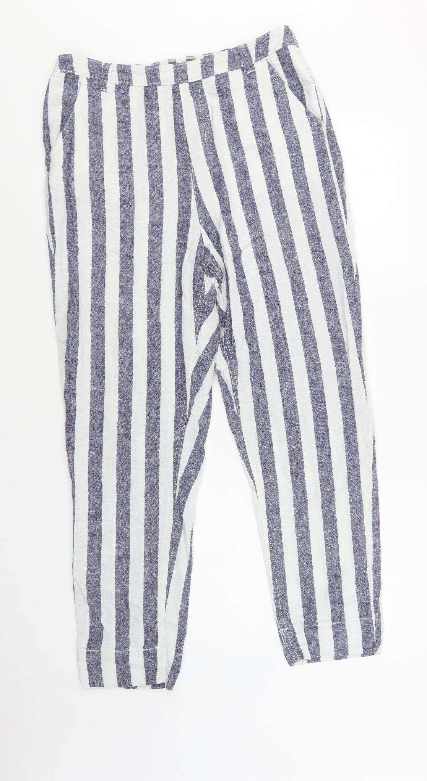 Bonmarché Womens Blue Striped Linen Trousers  Size 12 L31 in Regular