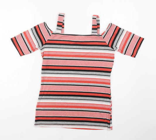 Front view of Papaya women’s red striped polyester basic blouse, size UK 12, square neck