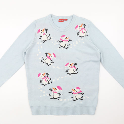 Avenue Womens Blue Crew Neck  Acrylic Pullover Jumper Size M   - Snowmen
