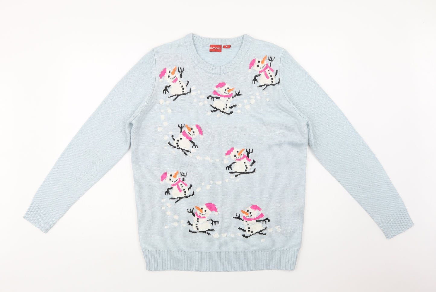 Avenue Womens Blue Crew Neck  Acrylic Pullover Jumper Size M   - Snowmen