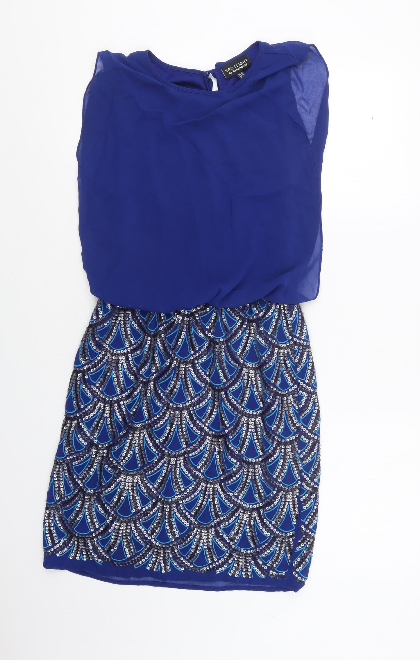 Warehouse Womens Blue Geometric Polyester Pencil Dress  Size 10  Round Neck Button