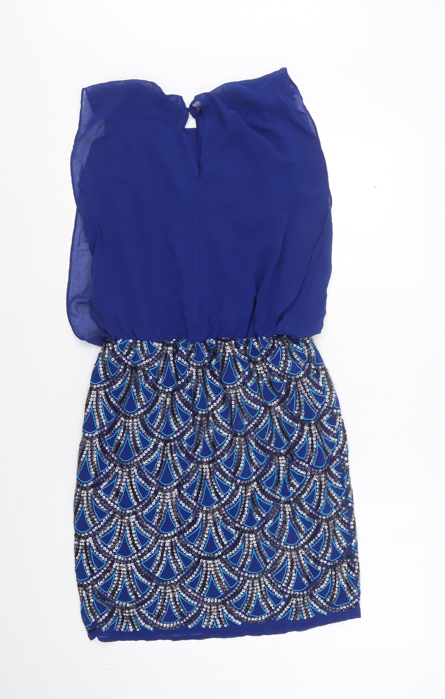 Warehouse Womens Blue Geometric Polyester Pencil Dress  Size 10  Round Neck Button