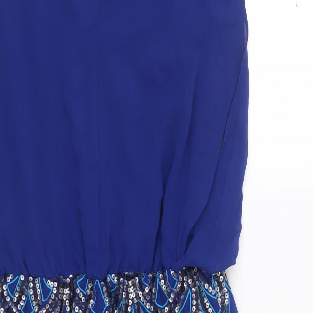 Warehouse Womens Blue Geometric Polyester Pencil Dress  Size 10  Round Neck Button
