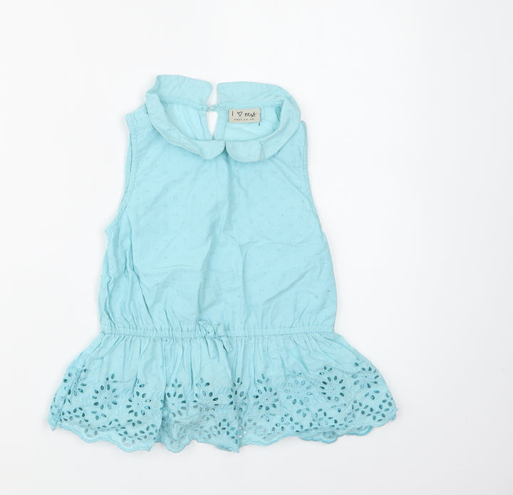 NEXT Girls Blue Cotton Basic Blouse Size 8 Years Collared Button