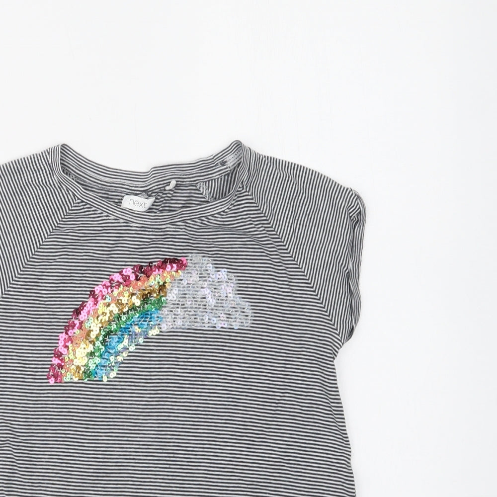 NEXT Girls Black Striped Cotton Basic T-Shirt Size 8 Years Crew Neck  - Rainbow