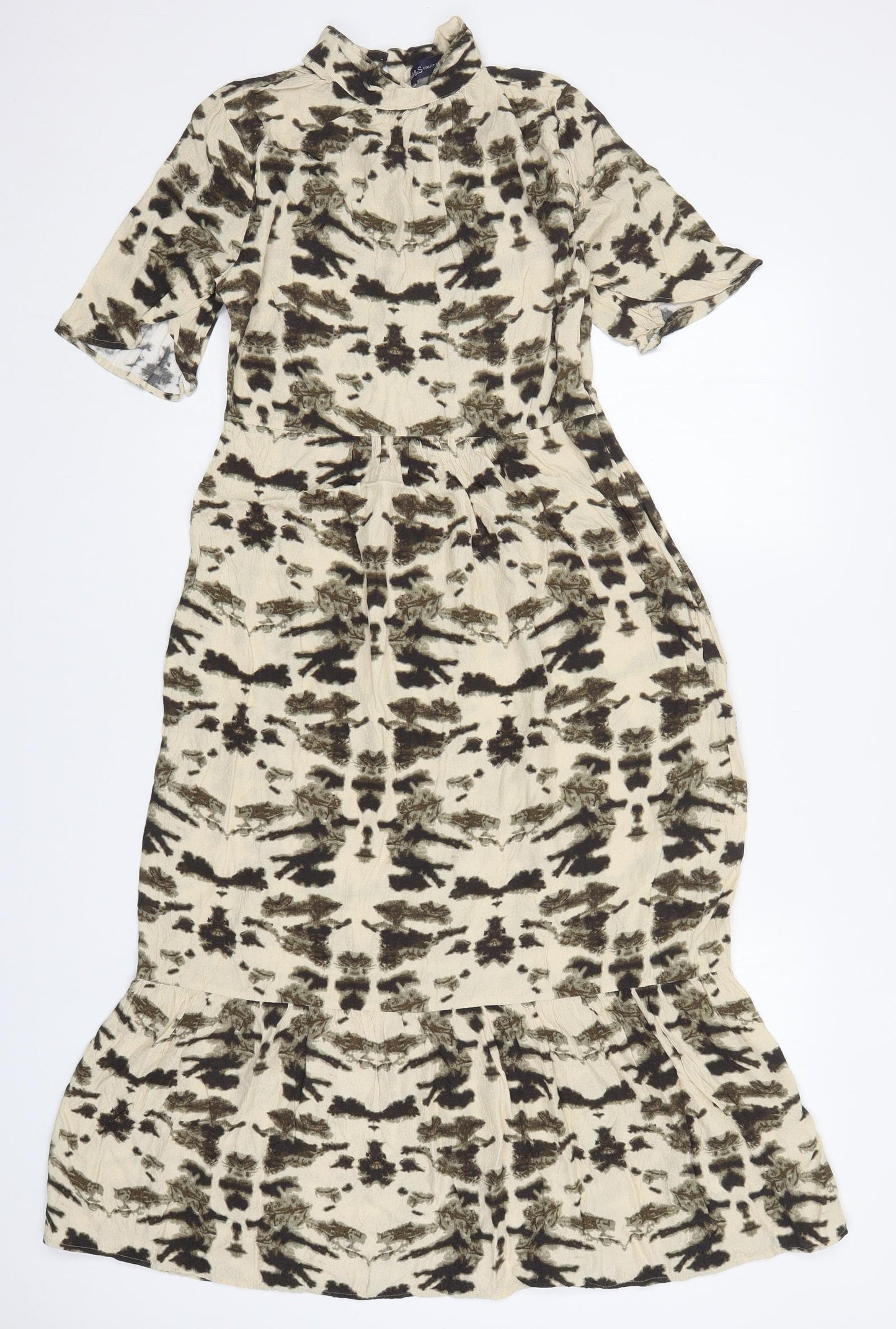 Marks and Spencer Womens Beige Geometric Viscose Maxi  Size 8  Round Neck Button
