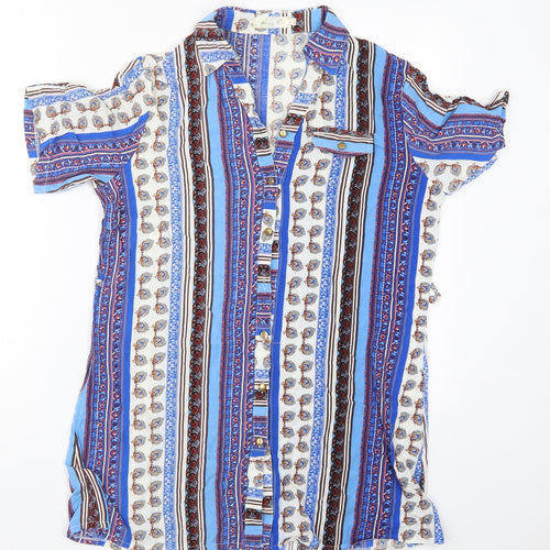 Hong Da Womens Blue Geometric Polyester Basic Button-Up Size XL Collared