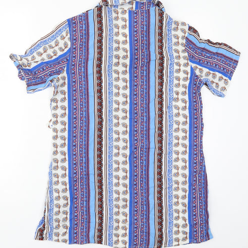 Hong Da Womens Blue Geometric Polyester Basic Button-Up Size XL Collared