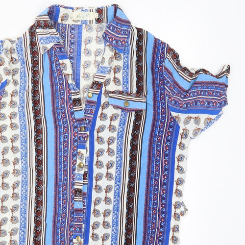 Hong Da Womens Blue Geometric Polyester Basic Button-Up Size XL Collared