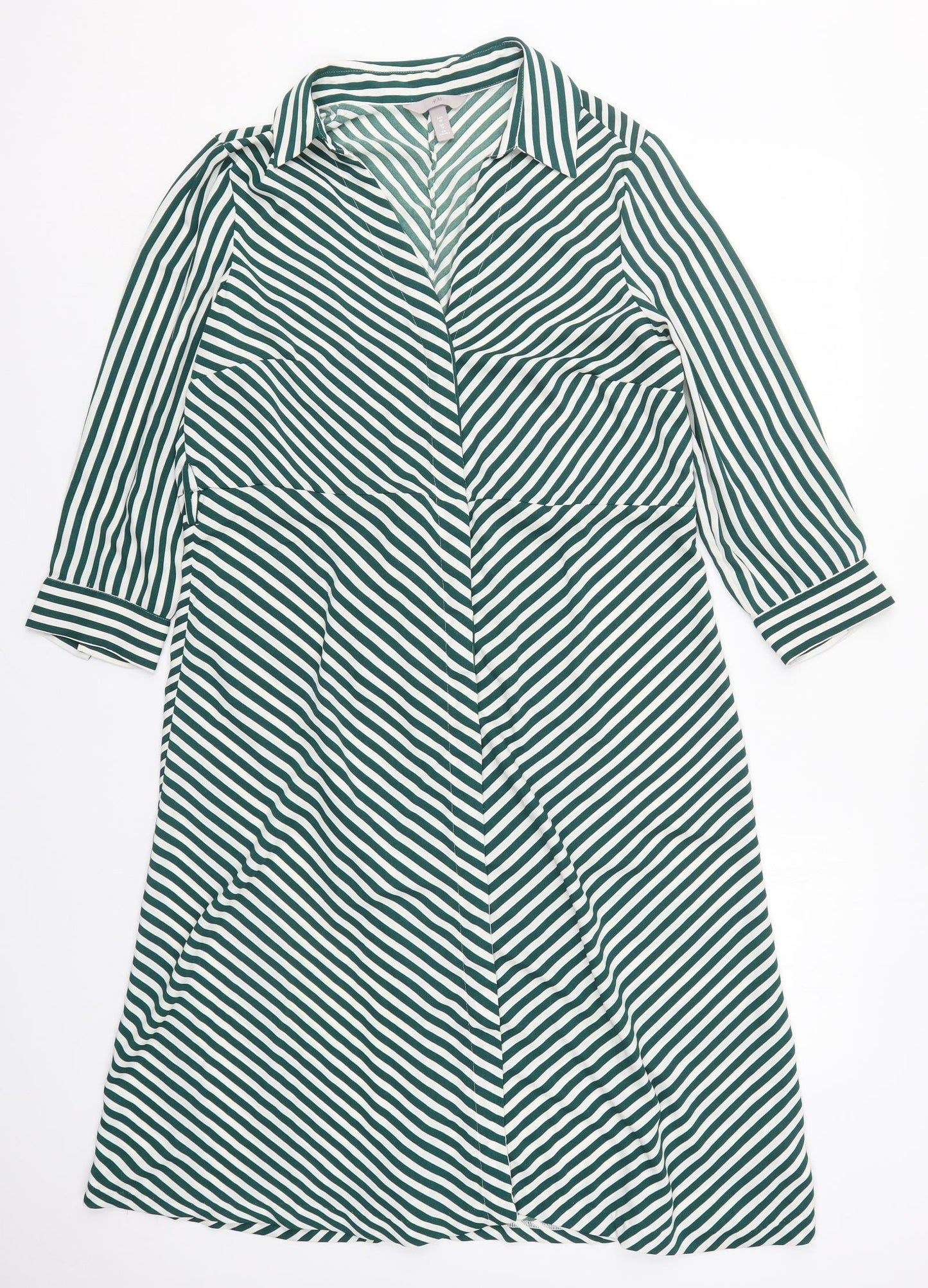 H&M Womens Green Tie Dye Polyester Shirt Dress  Size 12  Collared Button