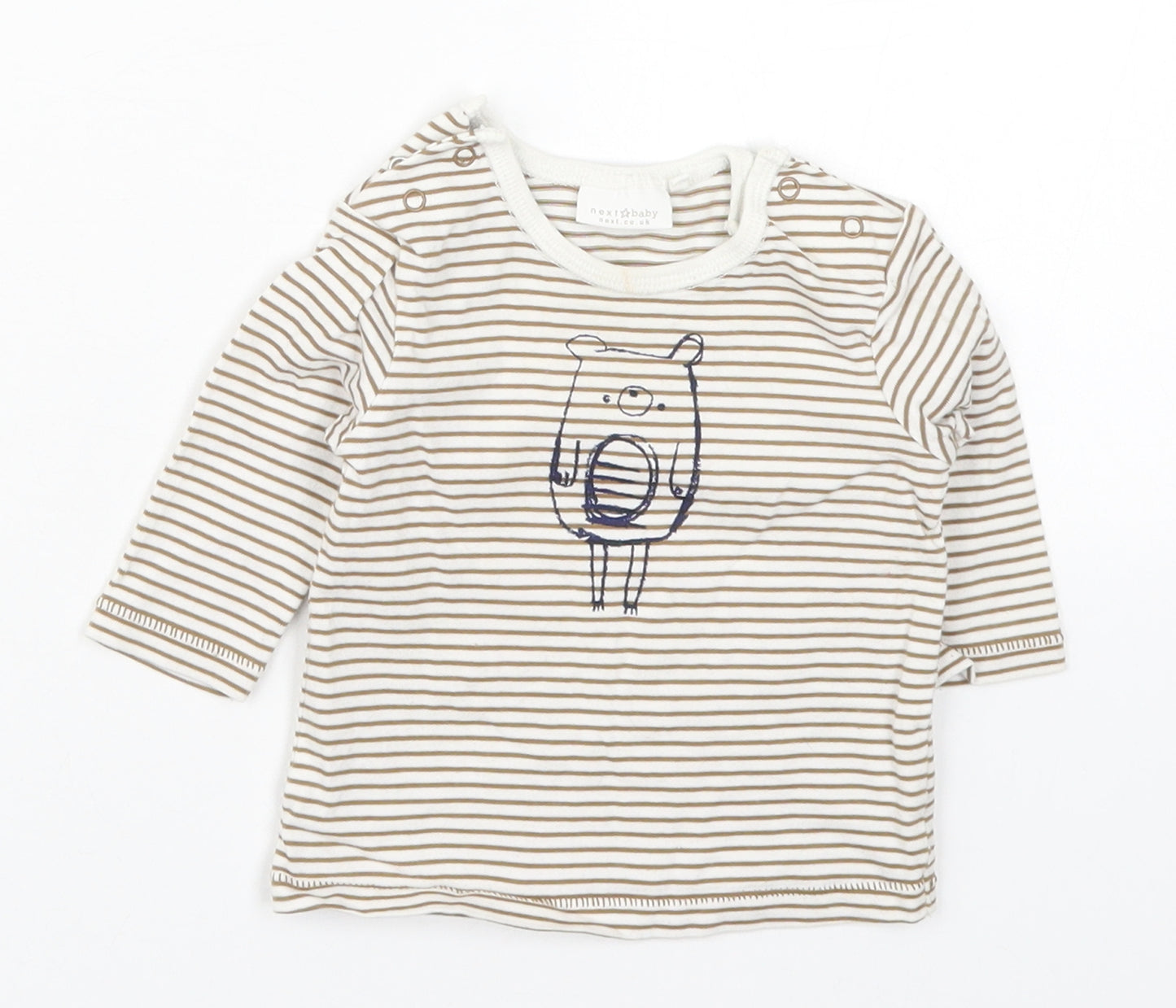 NEXT Boys Brown Striped Cotton Basic T-Shirt Size 0-3 Months Round Neck Button - Bear