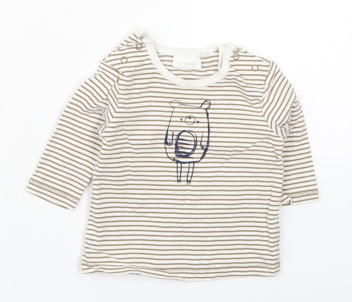 NEXT Boys Brown Striped Cotton Basic T-Shirt Size 0-3 Months Round Neck Button - Bear