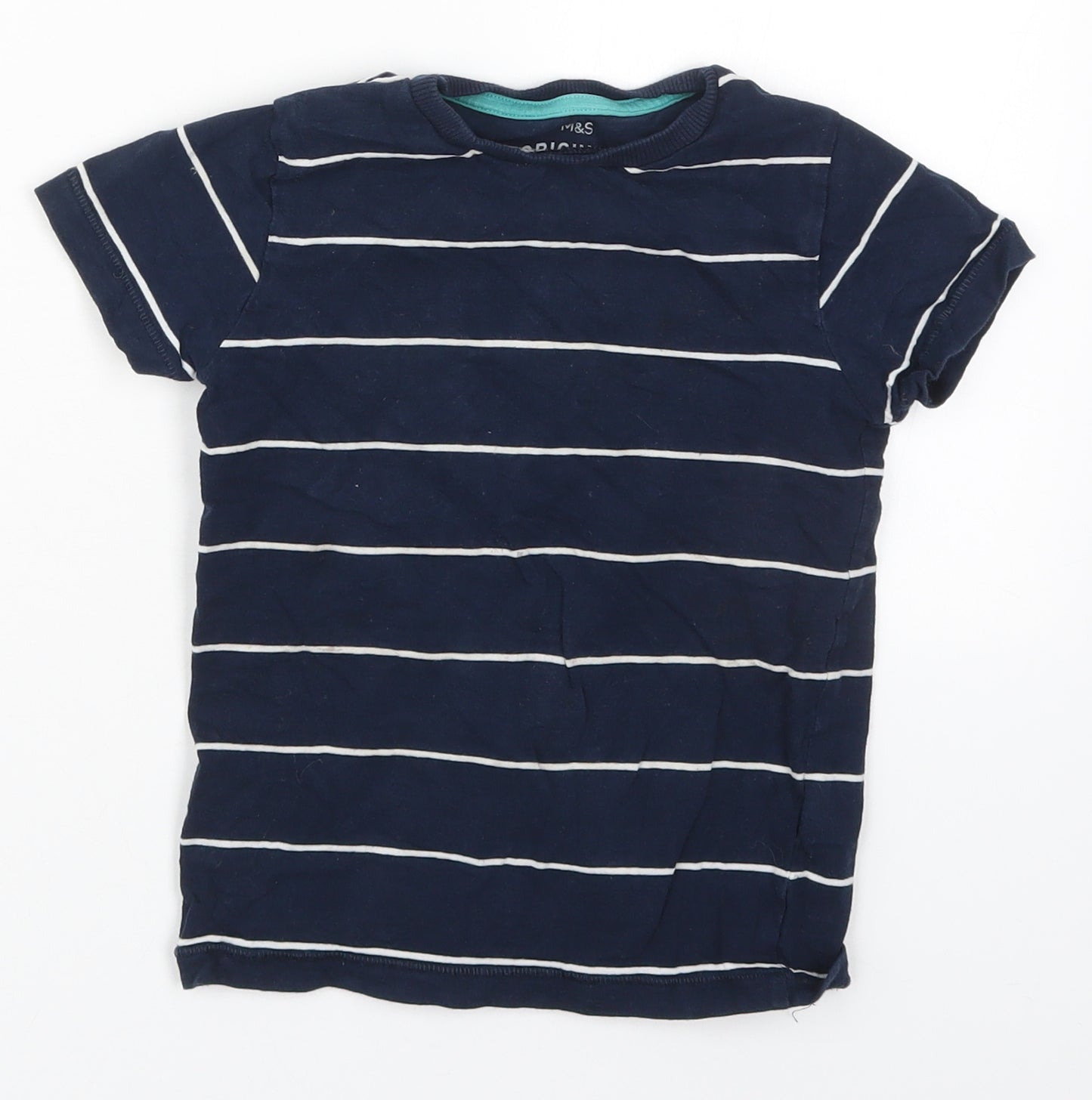 Marks and Spencer Boys Blue Striped Cotton Basic T-Shirt Size 4-5 Years Crew Neck Pullover