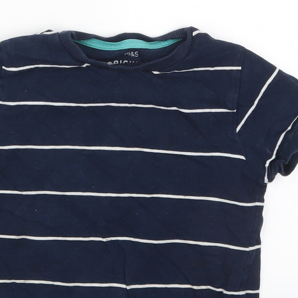 Marks and Spencer Boys Blue Striped Cotton Basic T-Shirt Size 4-5 Years Crew Neck Pullover